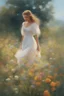 Placeholder: Fantasy illustration, Oil painting style, a sunlit meadow with wildflowers flowing in the wind, extremely beautiful girl in a white summer dress standing there enjoying the warmth of the sun, hands playing with the flowers, playful atmosphere, detailed illustration, beautiful color palette, incredible details, in the style of Leonardo Da Vinci, oil painting, heavy strokes, paint dripping