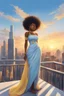 Placeholder: The scene opens onto a serene balcony overlooking a bustling city skyline. The sky above is painted in soft hues of blue and yellow as the sun begins its descent, casting a warm glow over everything it touches. In the foreground stands a captivating figure, airbrush chibi cartoon curvy black woman exuding confidence and elegance. She is adorned in a flowing white knit maxi dress that hugs her curves in all the right places, accentuating her silhouette. Her choice of footwear is equally stunning