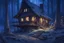 Placeholder: glowing cabin, warmly lit at night, blue cold ambience, surrounding forest, luminescent mushrooms, magical atmosphere, soft focus, vibrant hues, ultra detailed, fantasy, illustration, by Arthur Rackham and John William Waterhouse, artstation, enchanting, cinematic lighting