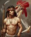 Placeholder: Guaicaipuro, native american god, 30 years old, Muscular warrior, red feathers headdress, shirtless, angry look, holding a stone tip spear