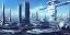 Placeholder: Spaceport on a heavy industrialized planet with futuristic high rise buildings with glass facades in the background and a docked spaceship in the foreground, art by John Berkey, brutalist architecture, insanely detailed, vibrant, 8k uhd, cinematic atmosphere, ultra-wide angle, street level view, brush strokes, blue sky with clouds, sharp focus