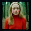 Placeholder: 1970, old damaged Autochrome photo with black frame, Young Singer Michelle Phillips , in the dark woods; red turtleneck sweaters, close up, rosy cheeks