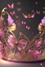 Placeholder: Tiara of gold and shiny big pink diamonds,pink smoke around it, gold butterflies, realistic, cartoon, 8k resolution