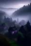 Placeholder: A medieval town in the middle of a dark forest. Fog covers the land. Clumps of purple moss grow on the buildings