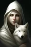 Placeholder: Picture a porcelain beautiful woman with soft features, thick blonde bob length hair. She is wearing a blindfold and a hood with a big white direwolf by her side