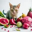 Placeholder: A cat surrounded by dragon fruits on a light background for removal