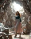 Placeholder: make a picture pretty cave made of crystal and metallic 3d fractal recursive cubic and sphere base structures and a beautiful fashion model lady with cute,with dark cyan decholte top and pretty pleated midi skirt,siver,curvy long hair,makeup, she walks in cave ,dynamic camera fallow her inside cave capturing full body, dynamic lights.