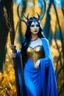 Placeholder: A picture of a beautiful blue faced Korean goddess with skin painted blue, blue body, blue torso, wild black hair, stag antlers, elven ears, golden skirt, holding a staff in a sunny forrest