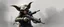 Placeholder: air brush 3d with pen outline, mongrel goblin gremlin holding uzi, charcoal fog border
