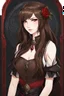 Placeholder: A portrait headshot of a confident looking young woman with pale skin and long brown hair in a dark fantasy setting with intricate details. She is a mage wearing black and read leather, has blood-red eyes, an air of malevolent power surrounds her. Anime style. High definition.