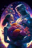 Placeholder: an android man gives a bouquet of flowers to a beautiful human woman, in 90's anime style, an android man in love and a human woman, extremely detailed painting, lots of stars, space, beautiful glowing, centered, symmetry, painted, intricate, volumetric lighting, beautiful, sharp focus, ultra detailed, in the style of dan mumford and marc simonetti, astrophotography, 8k resolution