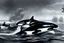 Placeholder: An orca army pod fighting in WW2, swimming up a stream to attack, orca insurgents