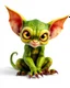 Placeholder: Flux P: a small gremlin, with large expressive yellow eyes and oversized ears that resemble bat wings. The creature has a vibrant green, slightly scaly skin, and a playful, mischievous expression. It sits in a dynamic pose, with a curled tail and pawed feet featuring sharp, claw-like toes. The background is minimalistic and bright white, emphasizing the creature's vivid colors. The lighting is soft and even, highlighting the detailed textures of the skin and the glossy shine of the eyes. The ove