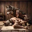 Placeholder: an anthropomorphic wolf in brown bodyhair lying on stomach and an younger anthropomorphic wolf massage his back. The background rustic wooden room features wooden walls with a few pinned papers . relaxed mood, realistic, detailed, cinematic, dark fantasy style