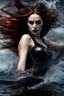 Placeholder: A beautiful Goth girl, dark black makeup, dark under eyes, auburn hair with black stripes, action image of her braking water surface, freedom, dramatic, highly detailed, 8k, abstract