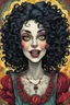 Placeholder: a cartoon illustration of a schizophrenic curly black haired vampire girl , in the cartoon style of Lynda Barry , Ernie Pook's Comeek, vibrant natural colors, , museum quality masterpiece