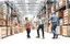 Placeholder: workers dancing in a industry factory with lot of wooden crates , a drawing with sketch lead pencil