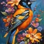 Placeholder: vibrant and energetic painting featuring a Baltimore Oriole a side profile, adorned with an array of colorful flowers. The bird's eyes are detailed and expressive, capturing its lively spirit.