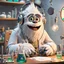 Placeholder: Pixar: A Yeti epidemiologist sits in a well-lit lab, headphones on, deeply engrossed in a podcast. On the desk beside him are various lab equipment and a freshly made panini, steam rising from it. His expression is one of contentment and curiosity, combining his love for science and food.