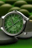 Placeholder: Generate a realistic image of an aventurine dial watch in an outdoor adventure setting. Showcase the watch being worn during activities such as hiking, camping, or exploring nature. Emphasize realistic lighting and reflections to convey the watch's durability and stability in adventurous situations.