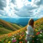 Placeholder: beautiful Green hills covered with flowers colorfull ,blue sky heavy clouds with godray ,very nice flowers at closeup ,wonderfull mountains at distance,beautiful lady clibming at hills full body shot