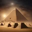 Placeholder: Hyper Realistic haunted view of statue of Egyptian Pyramids with sandstorm at dark night with pharaoh coffins