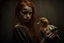 Placeholder: Beautiful golden red hair girl holding duck portrait in ochre, moody, somber, desaturated colors