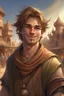 Placeholder: dnd, fantasy, in a desert town, portrait, a young and fun human wizard good looking, happy smiling face