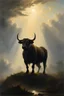 Placeholder: in dense foggy, a front view a dark shape powerful bull standing in the middle of a clouds in backlight, looking majestic landskape, by Albert Bierstadt, king of the sky, god of the sky, bull portrait, beautiful painting of a tall, a bull with majestic horns, bull made out of shadows, wildlife. atmospheric