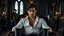Placeholder: A breathtaking cinematic portrait of a handsome, muscular man around 35 years old sitting confidently in an elegant Victorian armchair inside a dark Gothic castle room. He has medium-length dark hair, dark eyes, subtle stubble, and an intense, determined gaze looking directly into the camera. His white shirt is partially unbuttoned, revealing part of his chest, with fitted black leather trousers, pale light, dark colors. in background a blur vampire voman stands in shadow, detalied, cinematic