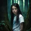 Placeholder: 12 year old girl with dark tangled hair and blue eyes wearing a ripped and dirty white teeshirt, in a forest , photorealistic, dark fantasy