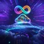 Placeholder: Colourful 3D glowing infinity symbol ∞, hovering above a colourful glowing cloud, network and lights coming from the cloud onto a futuristic map of the globe, inspiring, neon, glowing, friendly, beautiful, octane render, 8k post-production, artstation: award-winning: atmospheric: commanding: fantastical: clarity: 16k: ultra quality: striking: brilliance: liquid medium: stunning colors: amazing depth; lens: f/8, 28mm