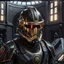 Placeholder: star wars bald male corellian pilot wearing pearlescent black and gunmetal grey First Order special forces heavy assault stealth commando armor and helmet with gold trim inside the jedi temple, hyperdetailed, dynamic lighting, hyperdetailed background, 8k resolution, volumetric lighting, light skin, fully symmetric details