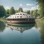 Placeholder: one large detailed elegant space craft , hatches and antennas , portholes , on a wide lake on a summers day, German village, , luminescent ,35 mm focal length