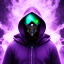 Placeholder: purple galaxy masked hooded super villain, weapons in hands, teal and purple smoke, full portrait, hyper realistic, 4k