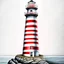 Placeholder: A metallic colored pencil drawing of the red and white striped lighthouse Sletringen Lighthouse in Norway