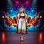 Placeholder: A full-body shot of a beautiful lady wearing german folk costum walking on a nice stage and looking at the camera 3D fractal interstellar world.