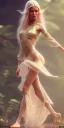 Placeholder: A long shot, Cute elven female adventurer with blonde hairs ears out, dressed in a light sundress and with bare feet on the floor, posing frontally, in style of Cedric Peyravernay Art, microdetails, ultradetailed --ar 2:3 --beta --upbeta