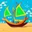 Placeholder: Legend Of Zelda: Wind Waker style Small wooden ship, with bright sails, on a vast ocean, stylized, celshaded, colorful, adventurous, frontal view, full view.