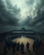 Placeholder: Bosch painting style, nightmare , in the prison yard with prisoners lined up in circle ,great quality picture with cinematic scenes , heavy clouds in the background