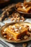 Placeholder: A close-up shot of a plate of Indian dessert called mascoth halwa, featuring a square piece of brown, sweet halwa in the foreground, topped with almonds and coconut flakes. The halwa is surrounded by cashew nuts and partially visible wheat grains on the tablecloth in the background. The image features a warm, inviting atmosphere with natural lighting highlighting the texture of the halwa and the brass plate.