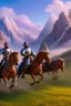 Placeholder: detailed oil painting, renaissance style, of mounted knights galloping across an open field, swords in hand, mountains in distance