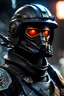 Placeholder: secret agent. sci-fi, all black, spelljammer, gun, dnd token, close up, military, helmet with visor, modified weaver gun stance