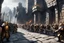 Placeholder: (Subject & Action) The image is a gritty, photorealistic scene of massive Dwarven defense walls under siege. A legion of stoic Dwarves, clad in heavy, articulated iron and gold armor, stand firmly atop the battlements, armed with intricate, glowing dwarven axes and powerful crossbows, actively firing and dropping heavy stones down upon attackers below. Their faces show fierce determination and concentration. (Environment & Setting) The fortress wall itself is colossal, carved from the dark, roug
