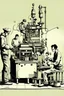 Placeholder: making a machine with his team factory worker drawing banksy