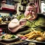 Placeholder: patriotic repulican fat american eating fries in his messy kitchen