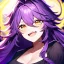 Placeholder: Clear focus, 8k, beautiful lighting, vibrant colors, girl, purple long hair, vibrant golden eyes, messy hair, hair in between the eyes, laughing, angry, up close,