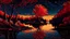 Placeholder: River, trees with golden and red leaves, autumn, a beautiful night sky, visible galaxies, river of blood, comic style