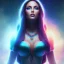 Placeholder: beautiful woman with long hair and smile look the stars and northern aurora blue turquoise lights, blue, pink,