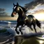 Placeholder: 8kRealistic, black horse, running in the surf, waves are smal, water is crystal clear, sun is high in the sky, reflection on the water is low, colorful and detailed, 3D HDR,